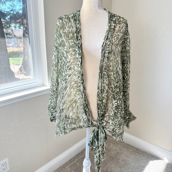 Free People Sweaters - Free People Safari Print Tie Front Kimono Top Women OS Green Abstract Sheer Boho